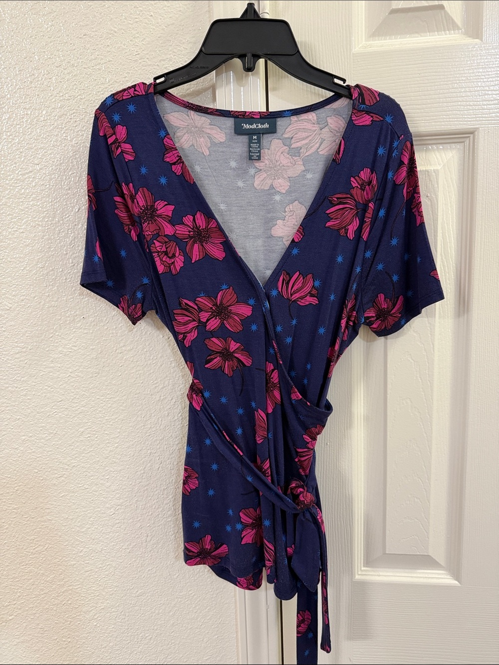 ModCloth Navy Wrap Top with Fuchsia Floral Print